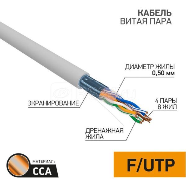 Кабель витая пара F/UTP кат.5E 4х2х24AWG solid CCA PVC сер. (м) PROCONNECT 01-0142-3