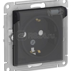 Розетка 1 м СП atlasdesign aqua 16А ip44 с заземл. защ. шторки с прозр. крышкой механизм карбон se a