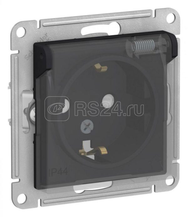 Розетка 1 м СП atlasdesign aqua 16А ip44 с заземл. защ. шторки с прозр. крышкой механизм карбон se a
